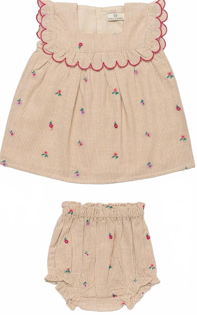 NEW EARLY SUNDAY girl's dolly dress with bloomers set in beige